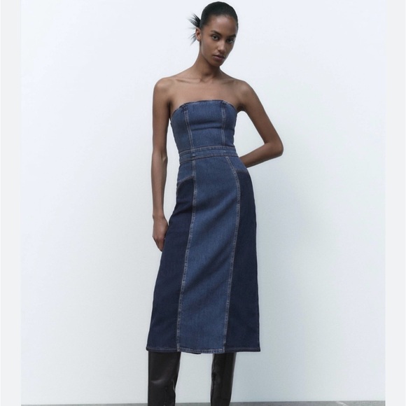 Zara Dresses & Skirts - Zara Two-Tone Strapless Denim Midi Dress - Blue
